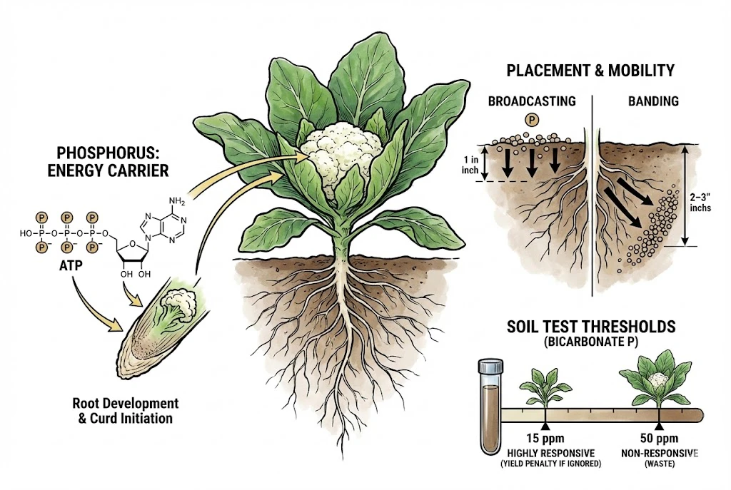 Schematic of phosphorus in cauliflower: a component of ATP and important for roots, relatively immobile in soil, so placement near roots matters. Soil-test thresholds shown are for the California Olsen (bicarbonate) test.