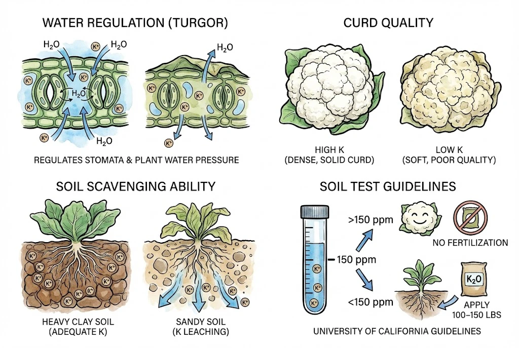Schematic of potassium in cauliflower: roles in stomatal regulation and turgor, with soil-test categories for the California ammonium-acetate test. Soil texture alone does not determine potassium sufficiency.