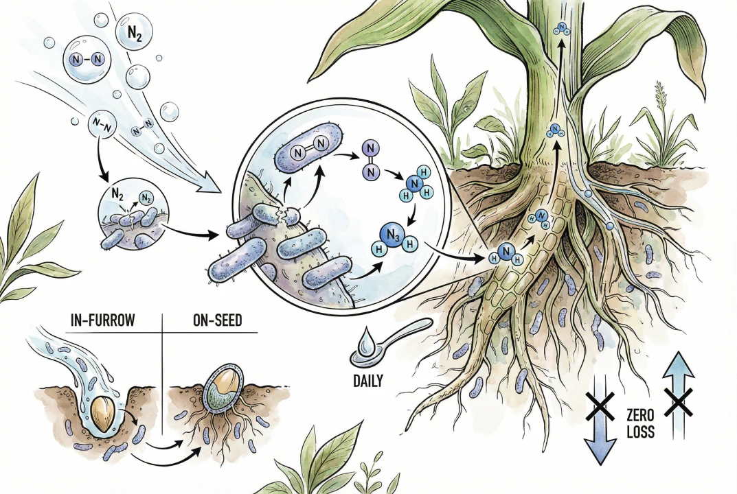 Diagram of root-associated bacteria fixing atmospheric nitrogen (N2) into ammonium near a corn root.