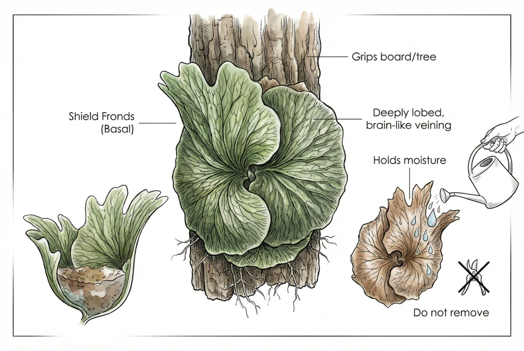 Illustration of a staghorn fern's rounded shield (basal) fronds clasping a mounting board and covering the root zone.