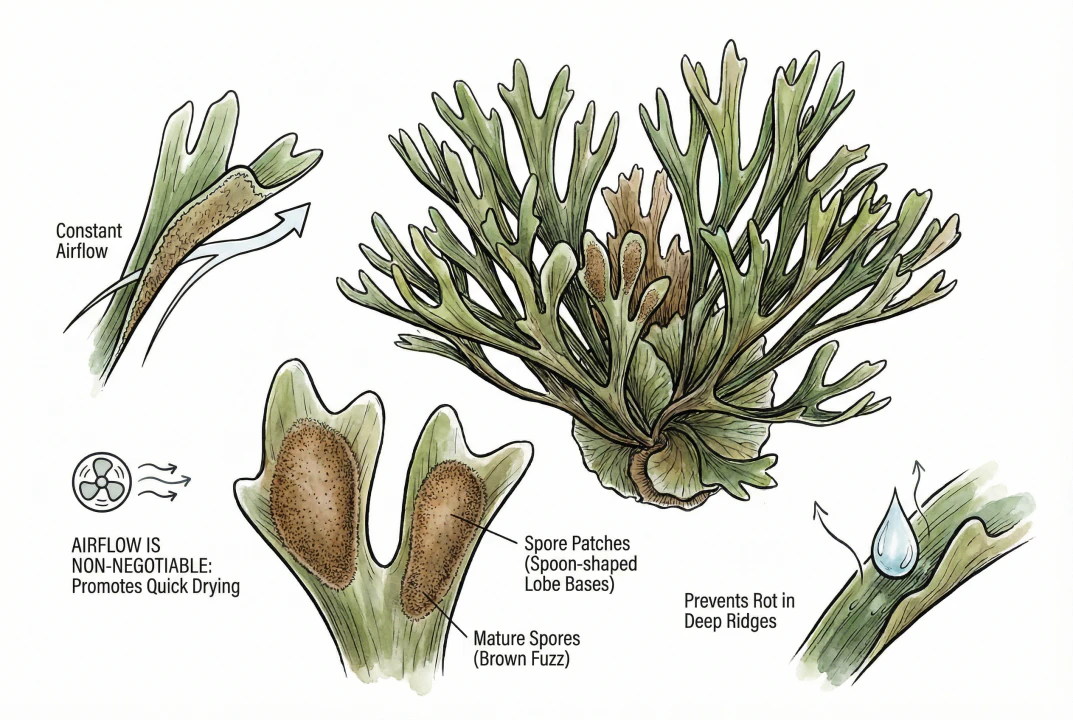 Illustration of upright, repeatedly branched fertile fronds of a staghorn fern with brown spore-bearing lobes.