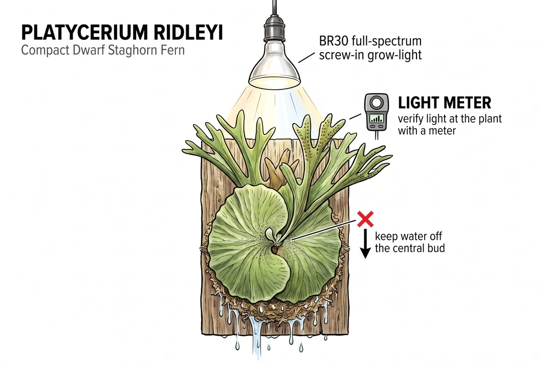 Illustration of a mounted staghorn fern under a grow light, with a suggested lamp distance and daily run time.