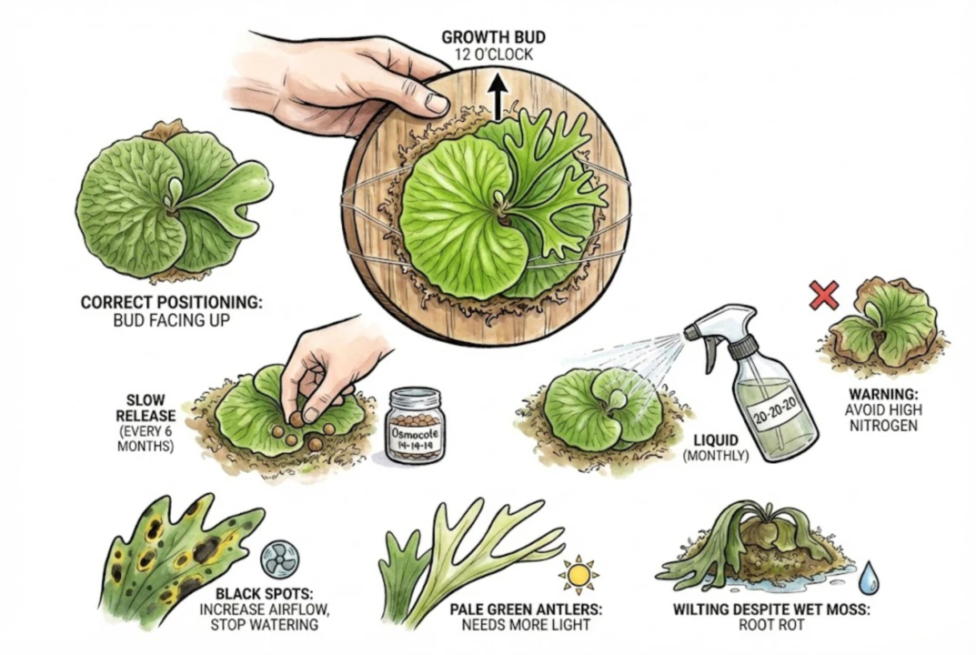 Illustration showing a staghorn fern mounted with its growth bud facing upward, alongside small feeding and troubleshooting notes.