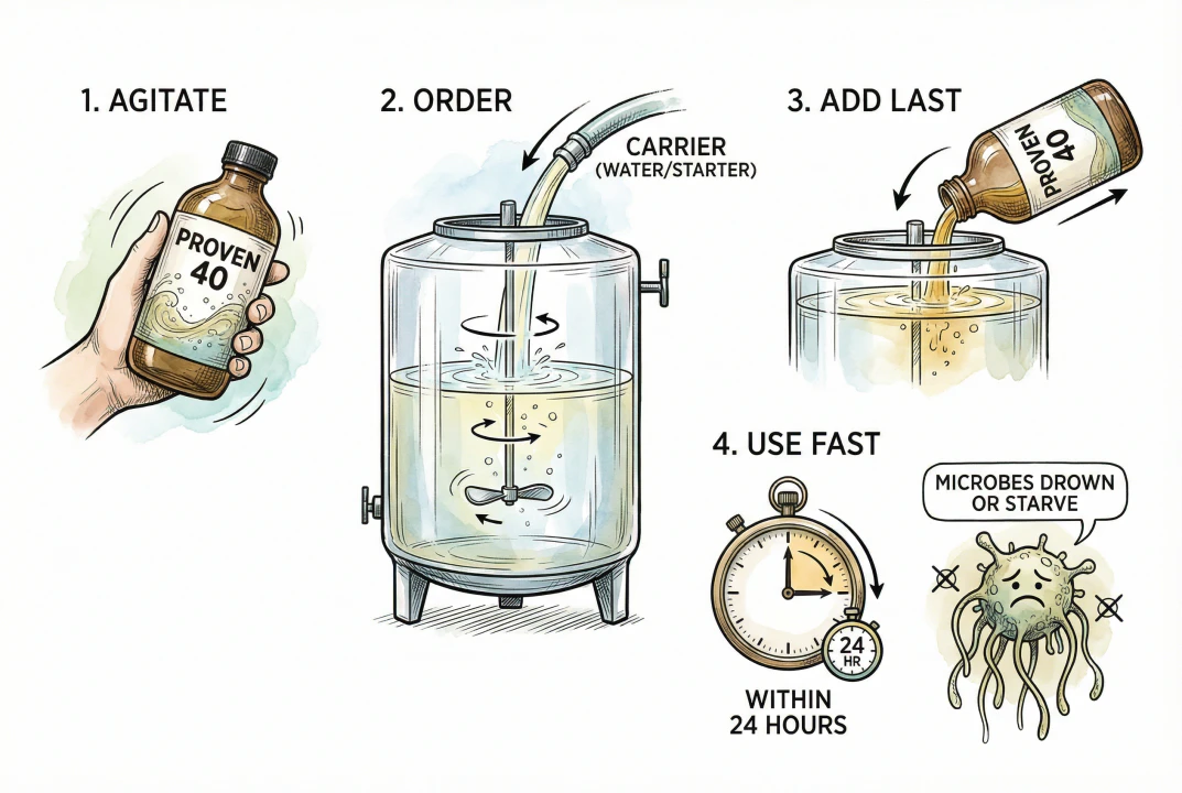 Steps for mixing Liquid In-Furrow PROVEN 40: agitate, add carrier first, add product last, use within 24 hours.
