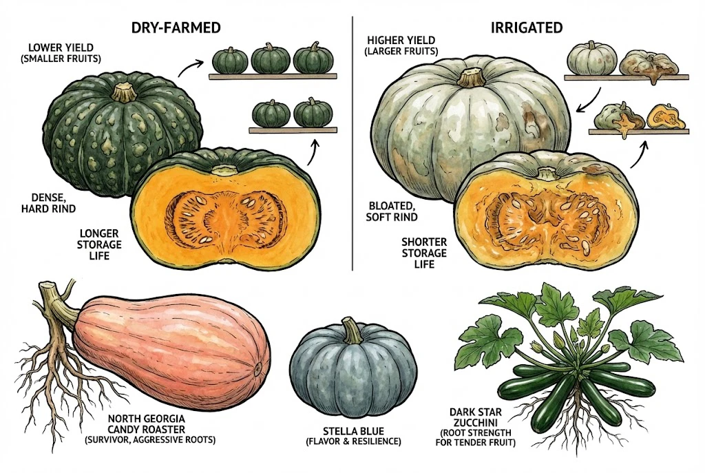 A cross-section comparison of two winter squash: a larger, water-swollen irrigated fruit rotting in storage next to a smaller, denser dry-farmed 'North Georgia Candy Roaster' with a thicker rind.