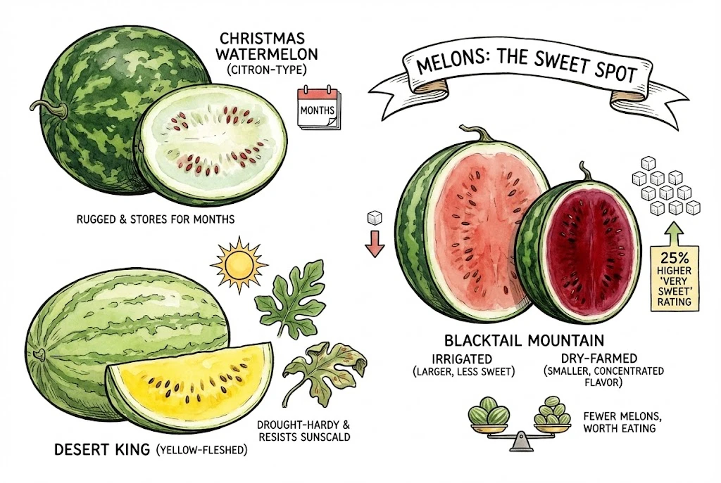 An illustration comparing a water-swollen irrigated winter squash prone to rot in storage with a smaller, denser, thicker-rinded dry-farmed squash.