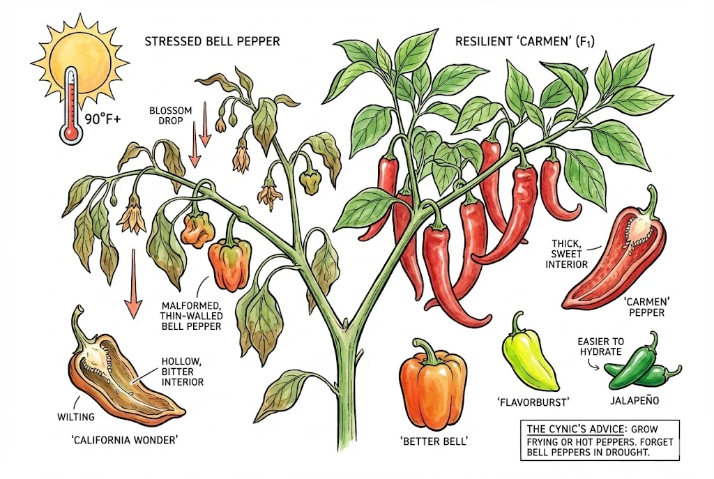 An illustration of pepper blossom drop in heat, contrasting a bell pepper shedding flowers with a smaller-fruited frying pepper such as Carmen still setting fruit.