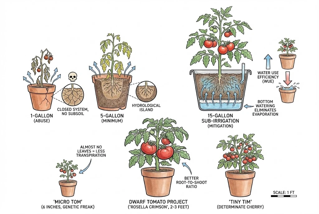 A diagram of container growing, comparing small and larger pot sizes, showing a sub-irrigation (self-watering) cross-section, and depicting compact dwarf tomato plants such as Micro Tom and Dwarf Tomato Project varieties.
