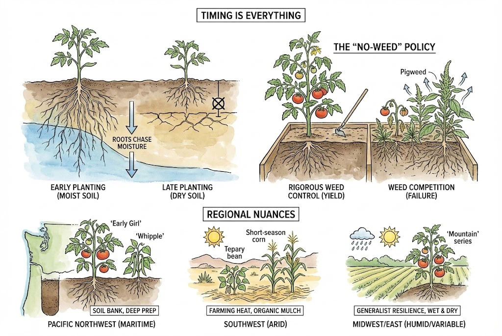 A seasonal timeline illustration showing early planting into moist spring soil so roots establish deep, plus a panel on controlling weeds to conserve stored soil moisture.