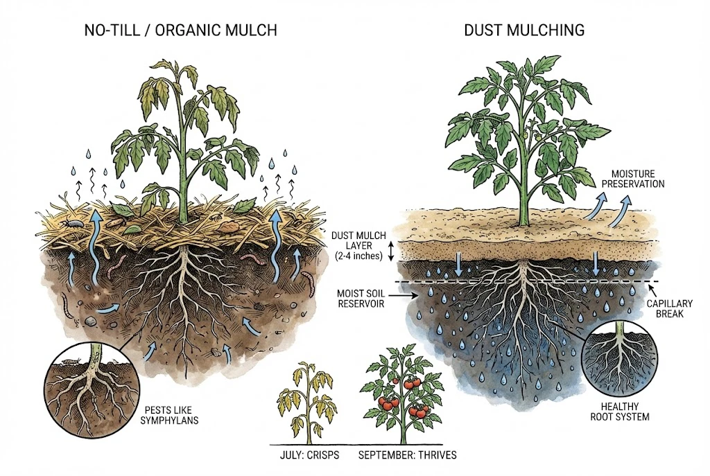 An illustration contrasting a cultivated dry-mulched soil surface with a covered no-till or organic-mulched surface, sketching the trade-offs each approach can have in a dry summer.