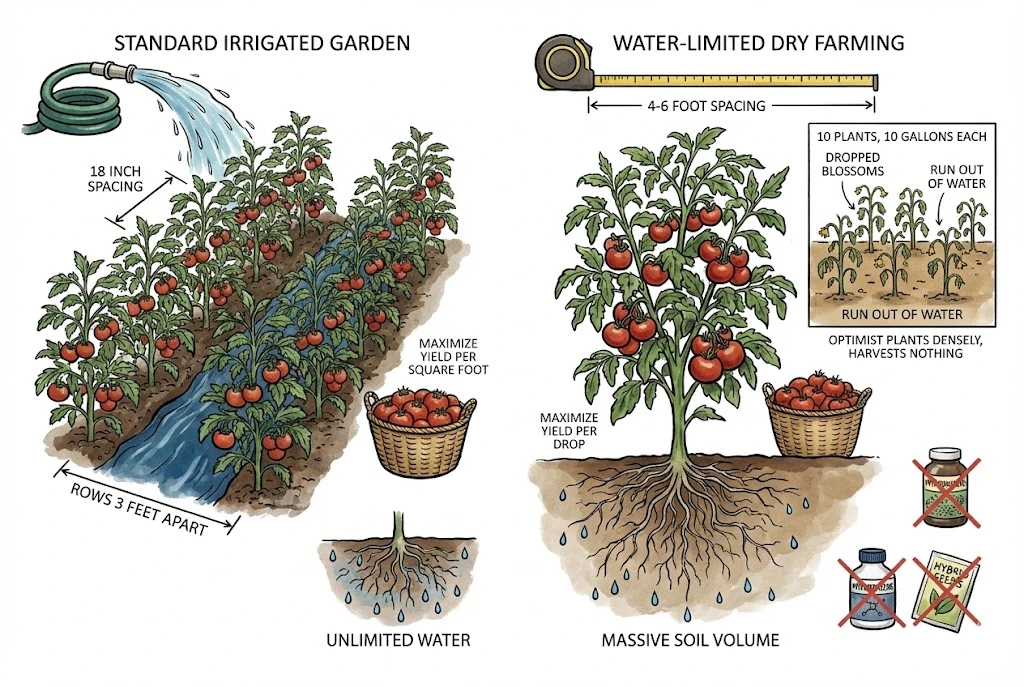 An illustration comparing widely spaced dry-farm tomatoes with a densely planted stand, showing how crowded plants compete for limited soil moisture.