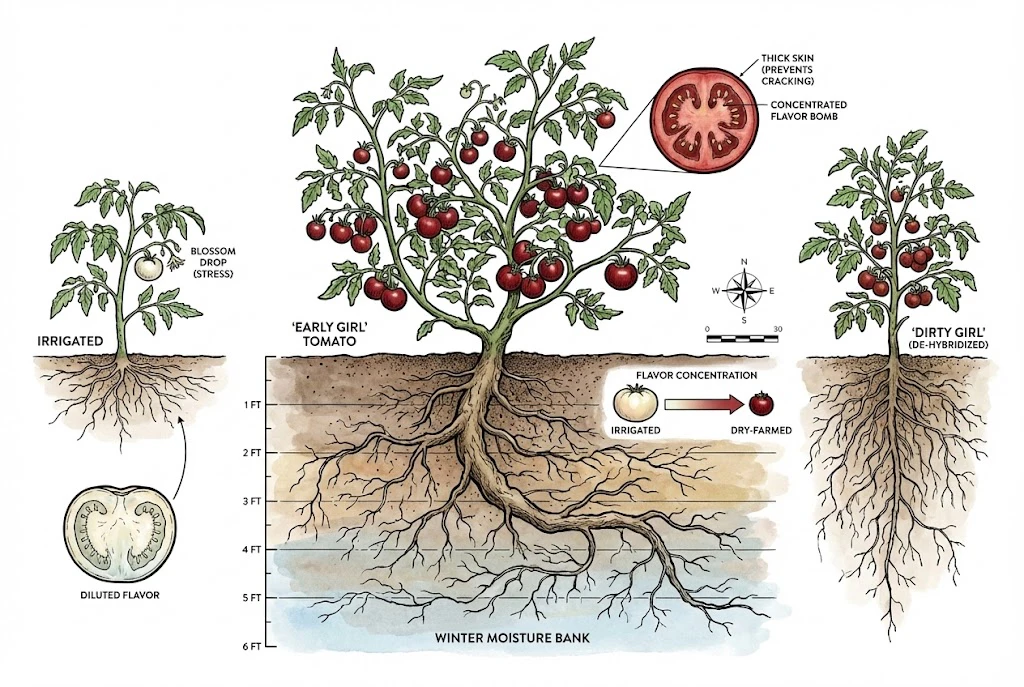 An illustration of the tomato variety Early Girl, highlighting a deep root system reaching subsoil moisture and smaller, concentrated fruit under water stress.
