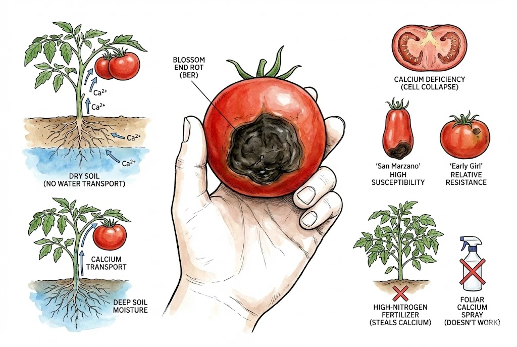 An illustration of blossom-end rot on a dry-farmed tomato, showing the sunken dark leathery patch at the blossom end of the fruit.