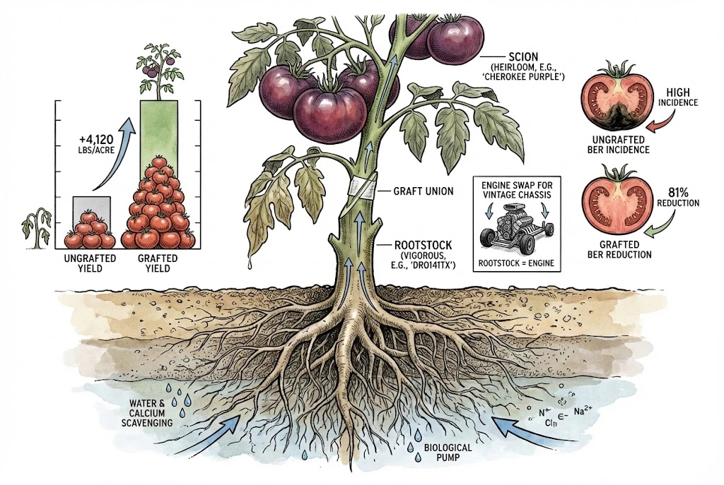 An illustration of tomato grafting, showing a heirloom scion joined to a vigorous rootstock to improve water and calcium uptake under dry conditions.