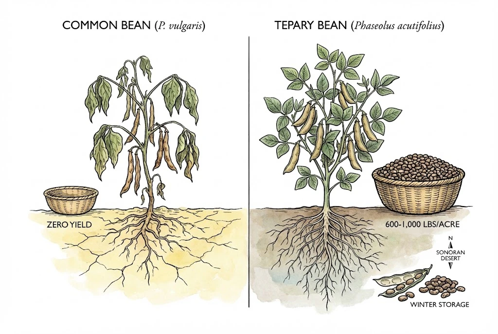 An illustration comparing bean yields under severe drought: common beans producing little or nothing alongside tepary beans still yielding a modest crop.