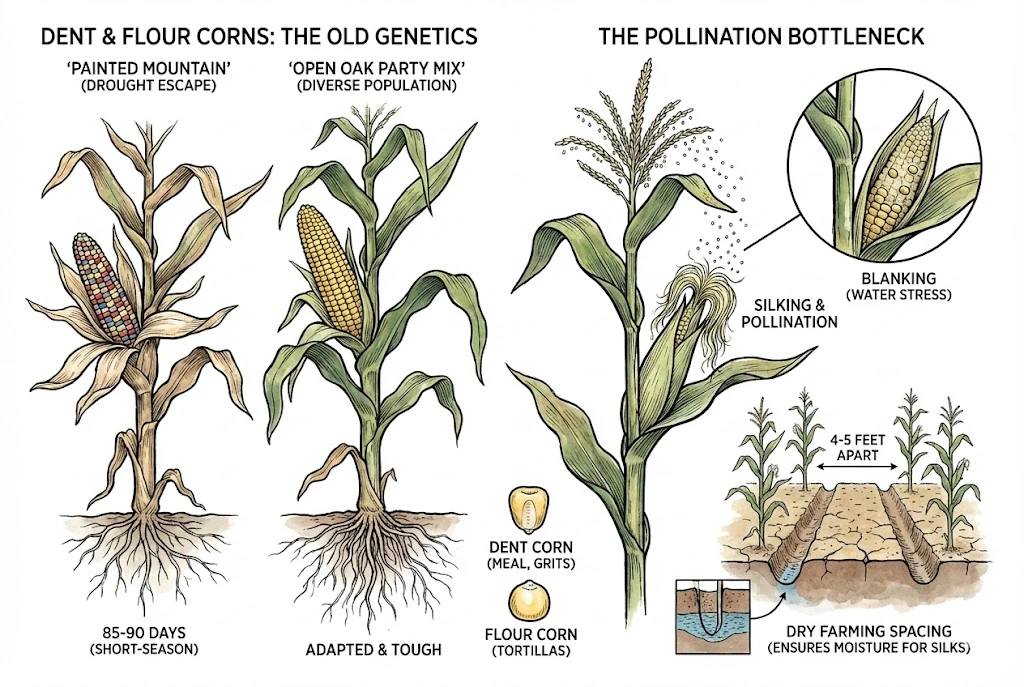 An illustration of corn pollination under stress: one ear shows blanking (missing kernels) from water-stressed silk delay, alongside more widely spaced hills that pollinated better.