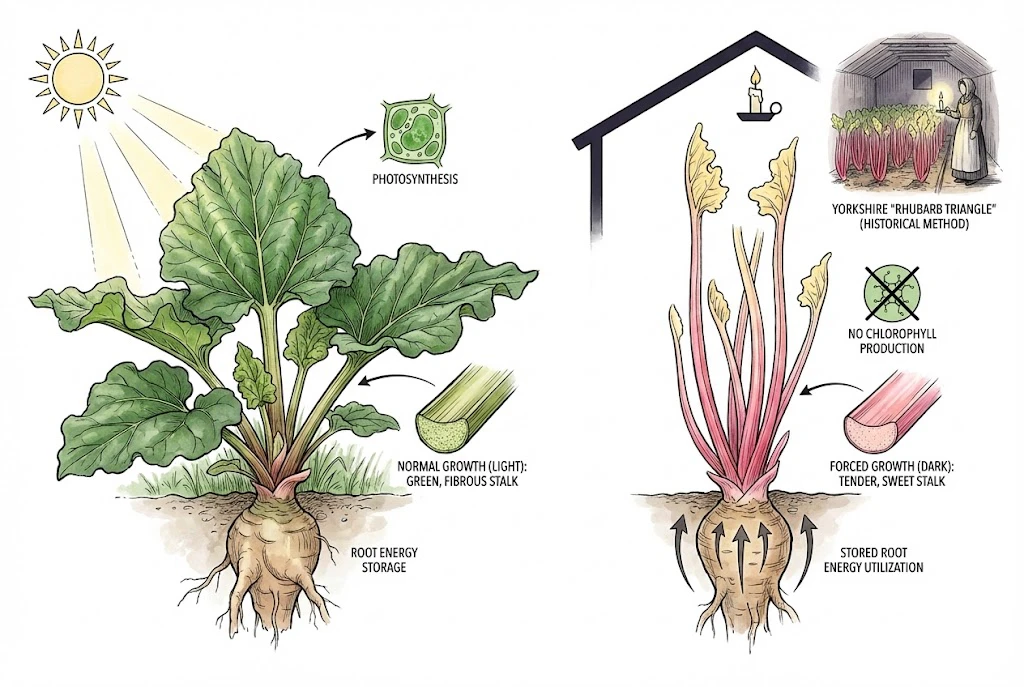 Illustration contrasting rhubarb forced in the dark with rhubarb grown in light.