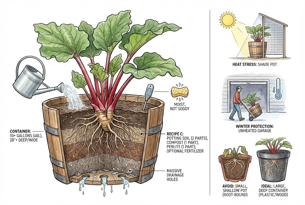 Illustration of growing rhubarb in a large container with good drainage.