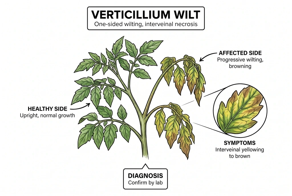 Illustration of interveinal yellowing and one-sided wilt on a plant.