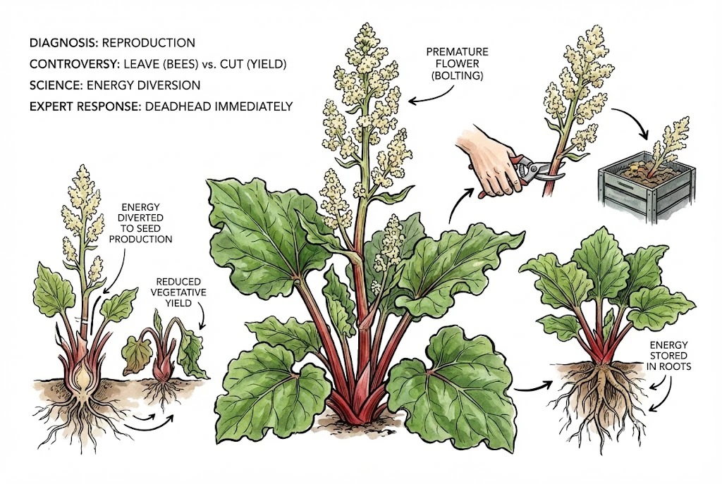 Illustration of rhubarb leaves turning a dull red with crown decline.