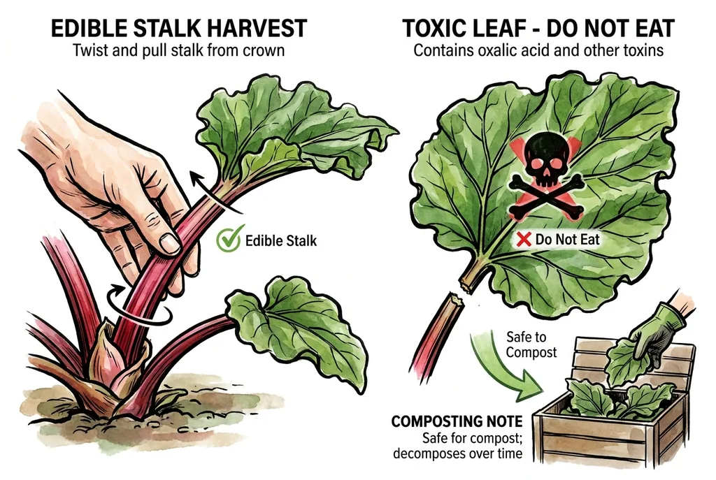 Illustration of the rhubarb harvest timeline and the twist-and-pull technique.