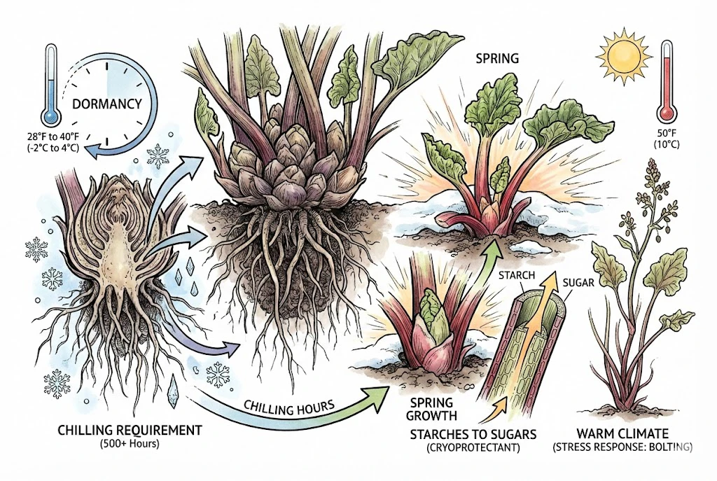 Illustration of rhubarb dormancy and its chilling-hour requirement shown as a clock.