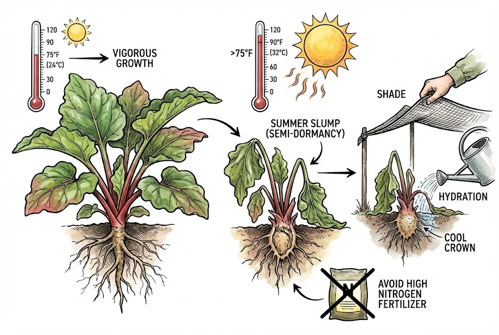 Illustration of rhubarb slowing into a semi-dormant summer slump under high heat.