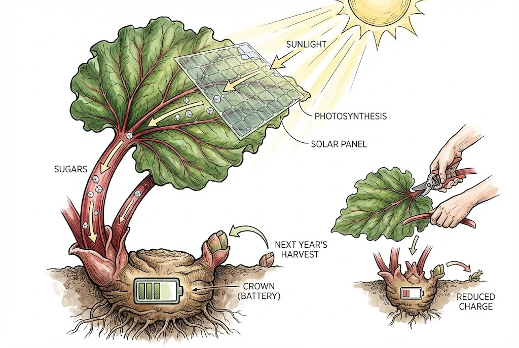 Illustration comparing rhubarb leaves to solar panels that charge the root system.