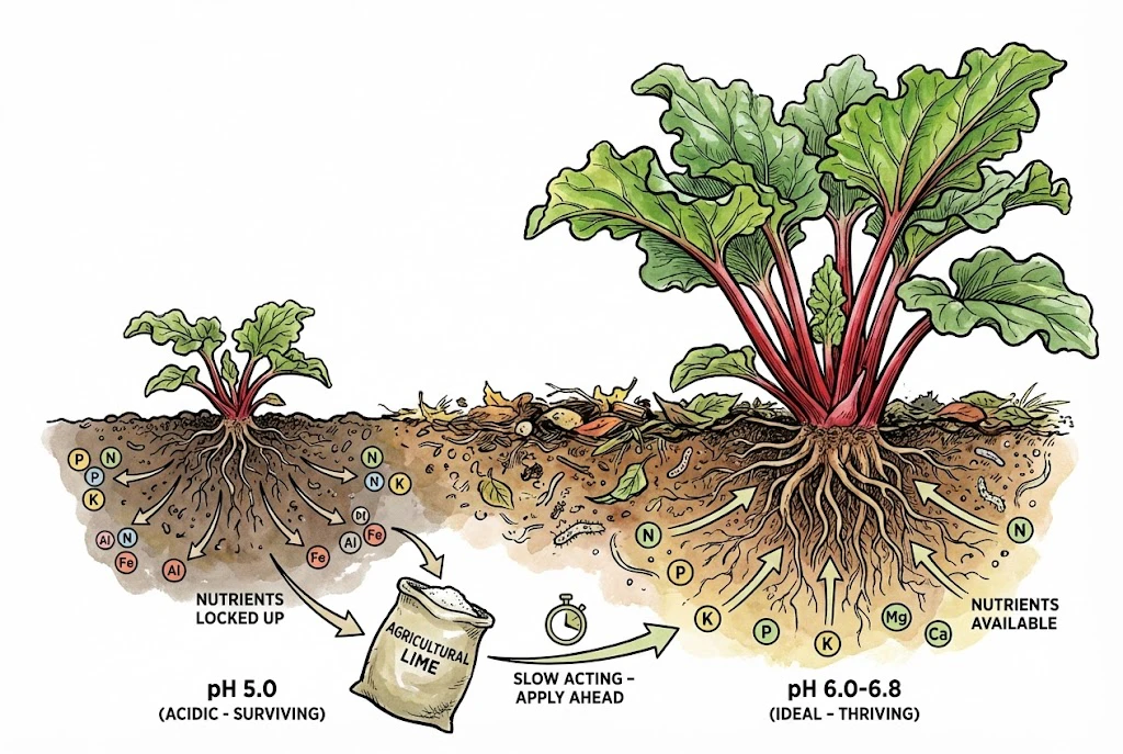 Illustration of how soil pH affects nutrient availability for rhubarb.