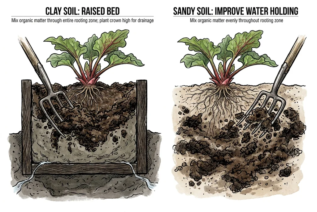 Illustration comparing clay and sandy soils and how organic matter improves each.
