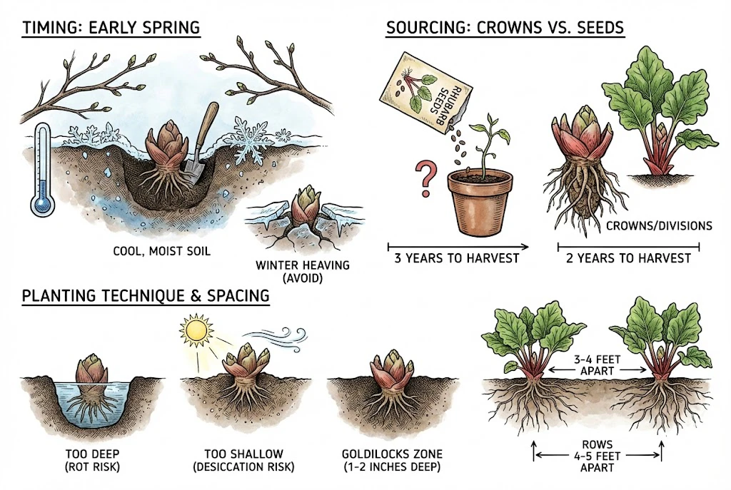Illustration of rhubarb planting depth and spacing, with buds set just below the surface.