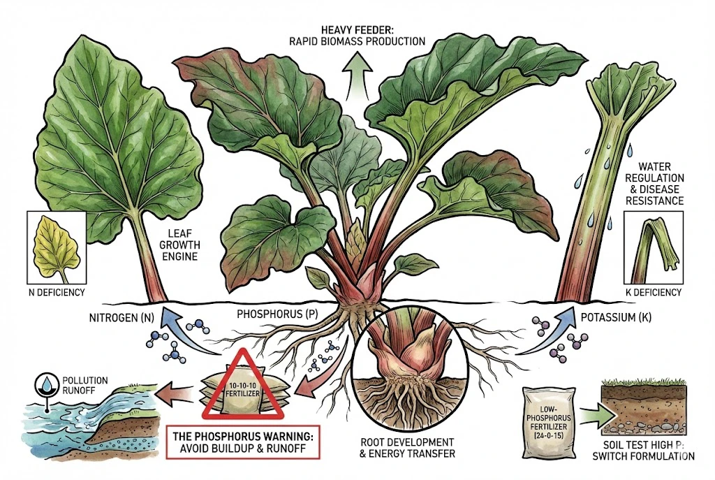 Illustration of the N-P-K nutrient balance and a phosphorus-buildup caution for rhubarb.
