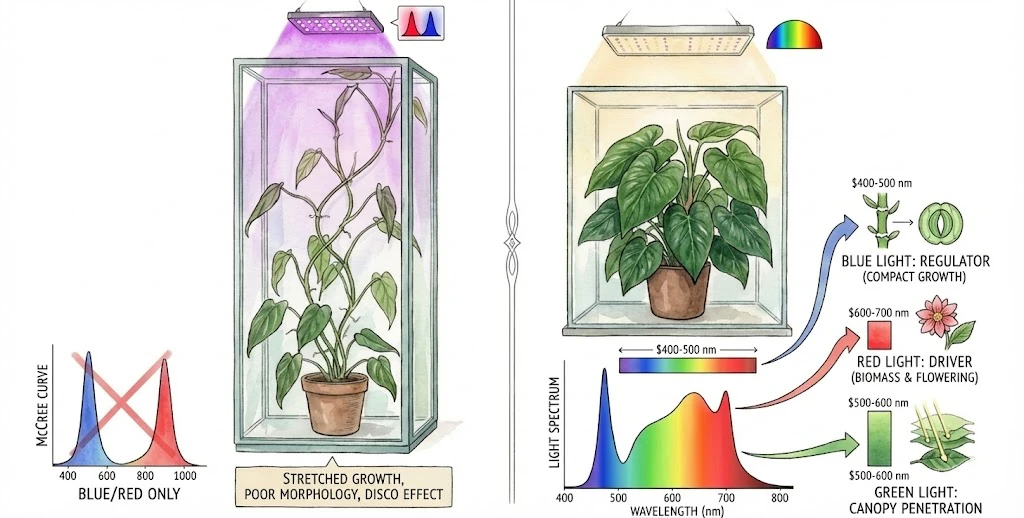 Conceptual diagram of the light spectrum showing blue, green, and red wavelength bands and their general roles in plant growth.