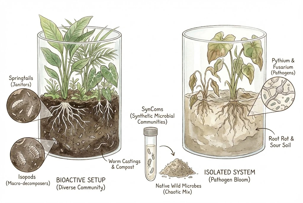 Conceptual diagram contrasting a diverse cabinet soil microbiome with a more isolated one.