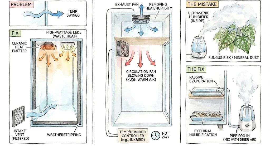 Conceptual blueprint of a plant cabinet showing lights, circulation and exhaust fans, a heat source, and a humidifier.