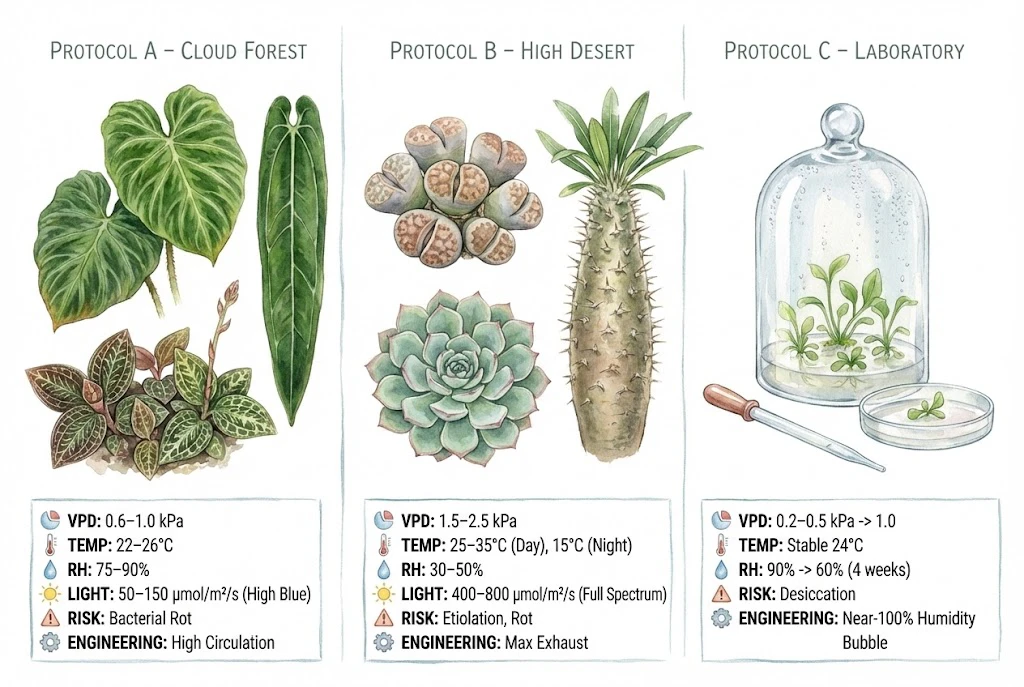Conceptual chart of three plant groups (humid tropical, dry-adapted, tissue-culture acclimation) with rough climate targets.
