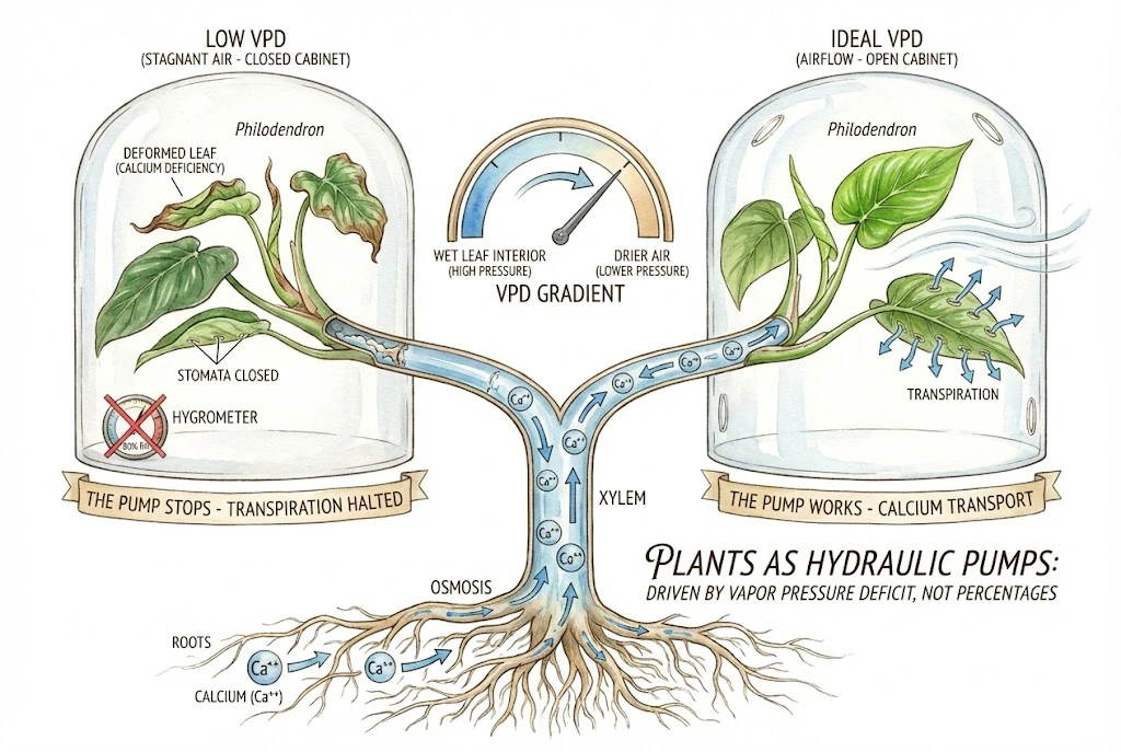 Conceptual diagram linking low VPD to reduced transpiration and possible calcium-delivery limits in new growth.