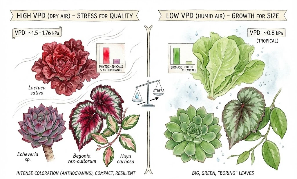 Conceptual illustration contrasting plant growth under very high humidity versus a drier cabinet.