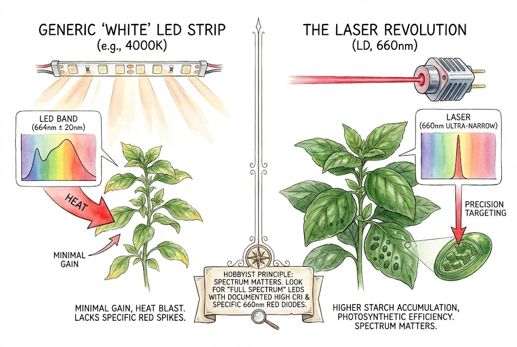 Conceptual comparison of narrow-band grow lights versus full-spectrum white light.