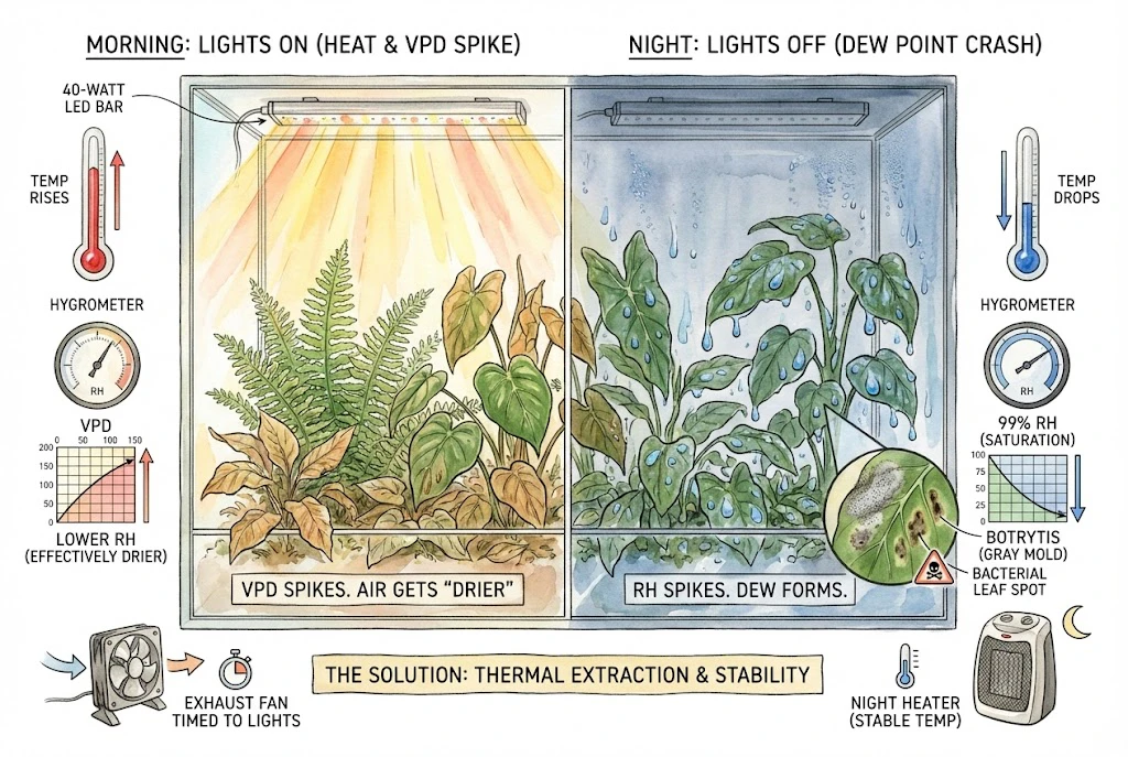 Conceptual diagram showing how lights warming a cabinet by day and cooling at night shift VPD and can lead to night-time condensation.