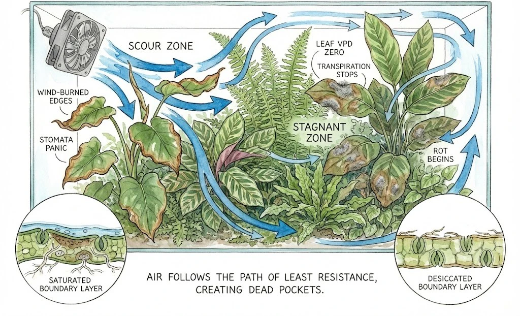 Conceptual diagram of air circulation versus air exchange in a plant cabinet, and CO2 replenishment through venting.