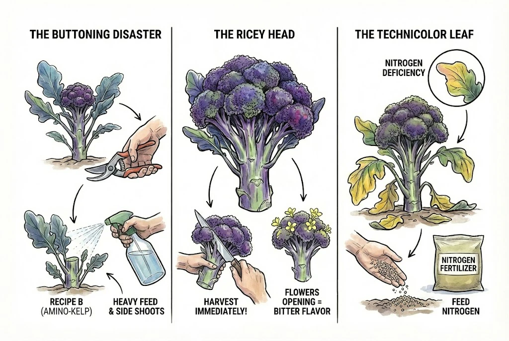 Concept illustration of common broccoli problems: buttoning, ricey head, and leaf yellowing.