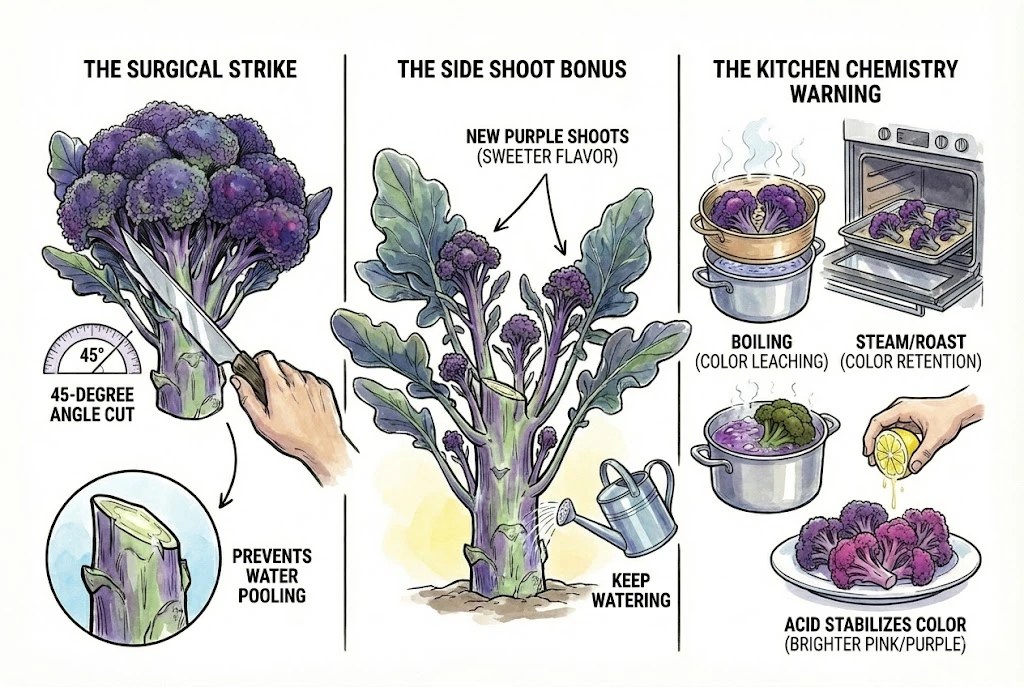 Concept illustration of harvesting broccoli, side shoots, and cooking to retain colour.
