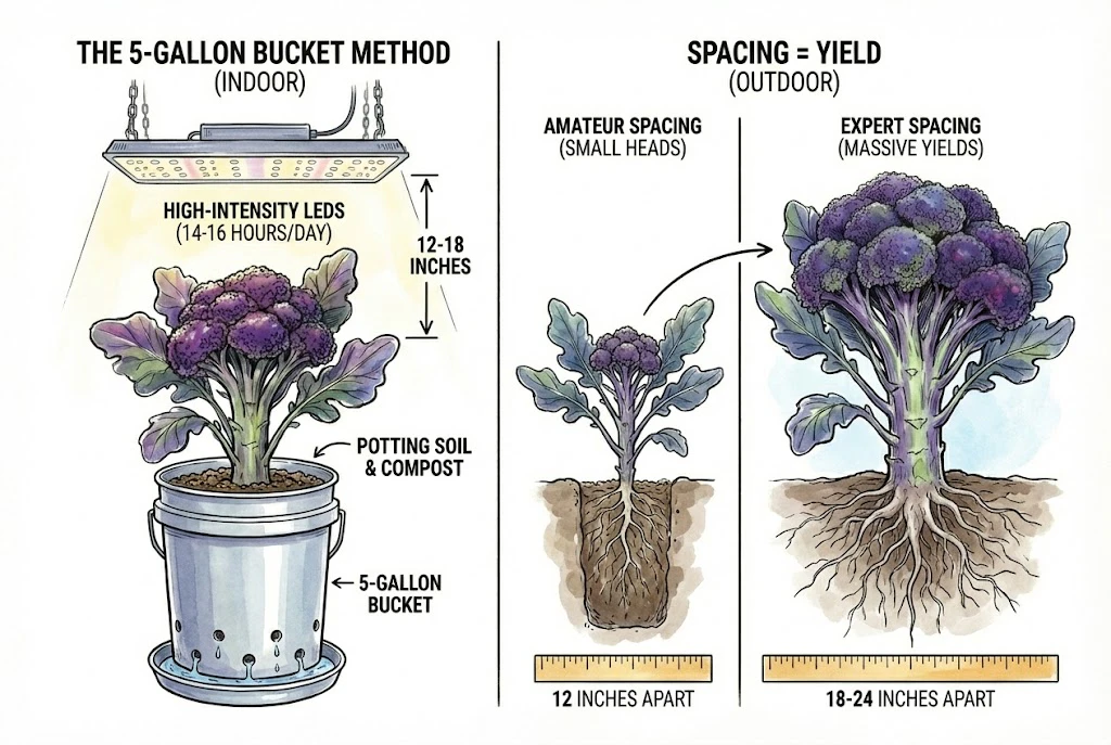 Concept illustration comparing container growing under grow lights with outdoor spacing.