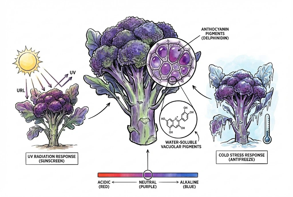 Concept illustration: light and cool temperatures can increase anthocyanin pigment in purple broccoli.