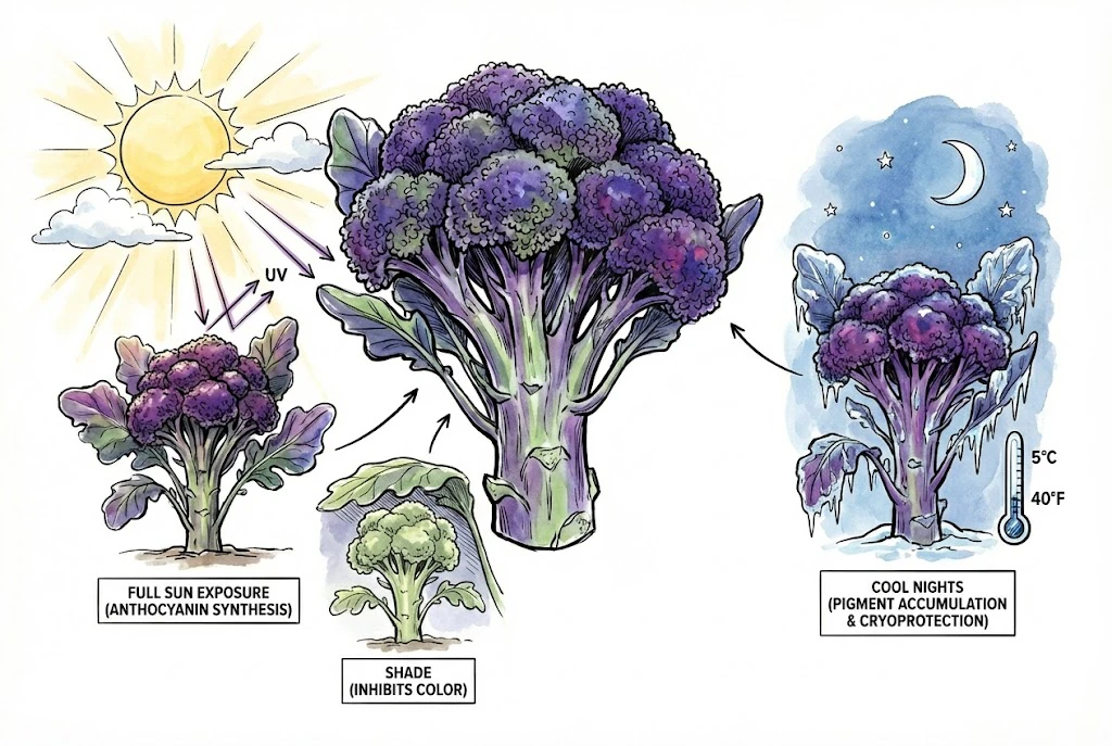 Concept illustration: full sun and cool weather can increase purple pigment in broccoli.