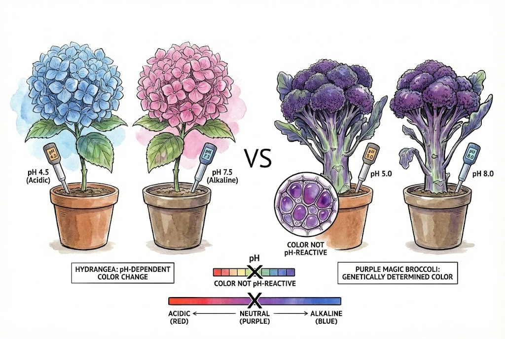 Concept illustration comparing soil-pH colour change in hydrangea with the genetic purple of Purple Magic broccoli.