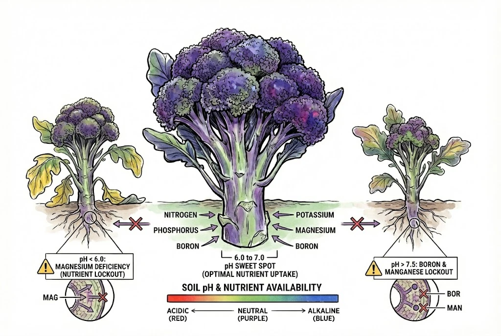 Concept illustration of a roughly 6.0 to 7.0 soil pH range for broccoli nutrient availability.