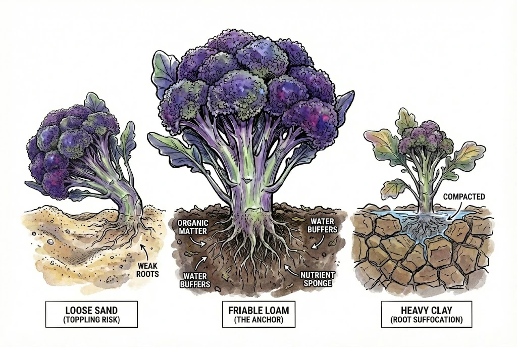 Concept illustration comparing sand, loam, and clay soil textures for broccoli roots.