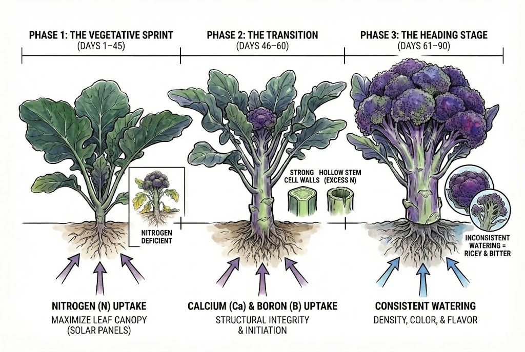 Concept illustration of broccoli growth stages from transplanting through heading.
